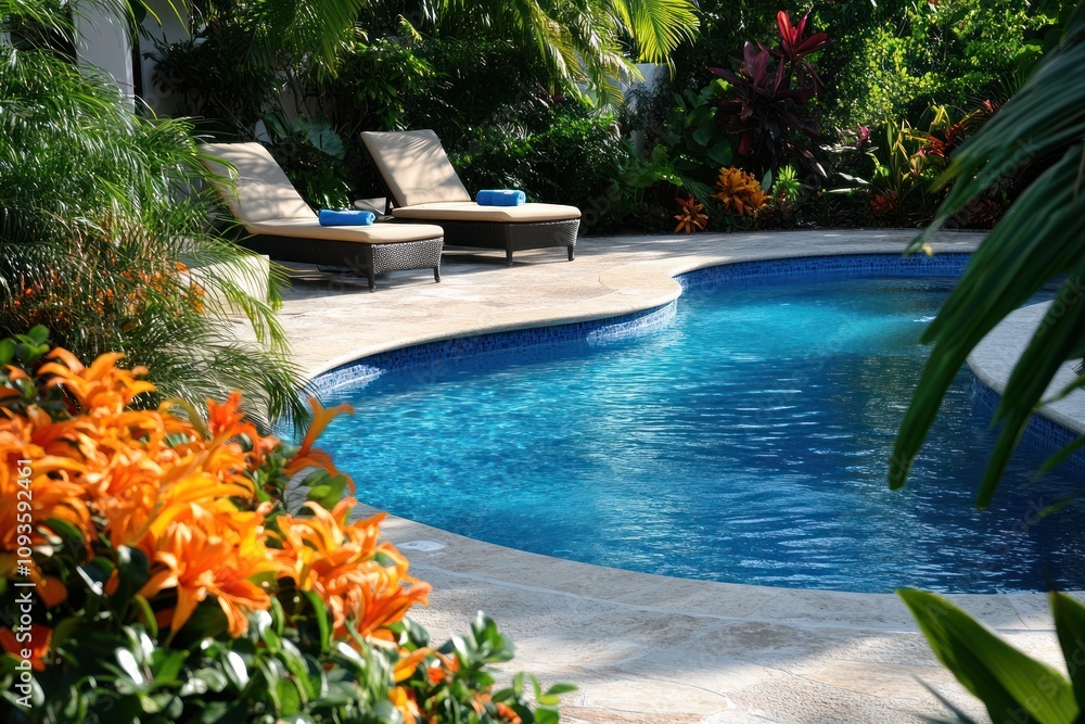 custom made wallpaper toronto digitalA serene poolside scene surrounded by vibrant flowers and lush greenery.