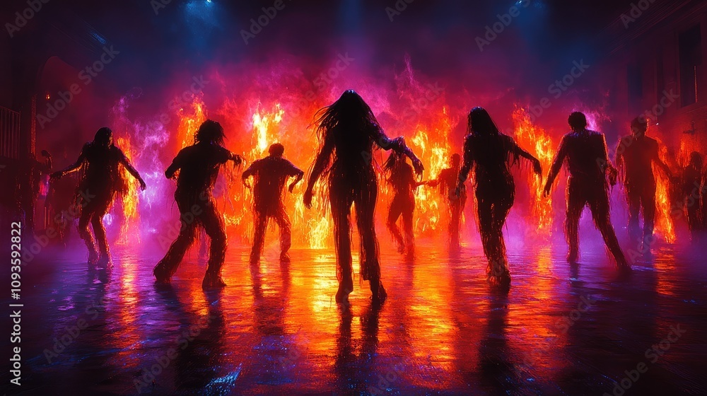 Silhouetted figures dancing amidst vibrant flames and colorful smoke in a dramatic setting. Silhouetted figures dancing amidst vibrant flames and colorful smoke in a dramatic setting.