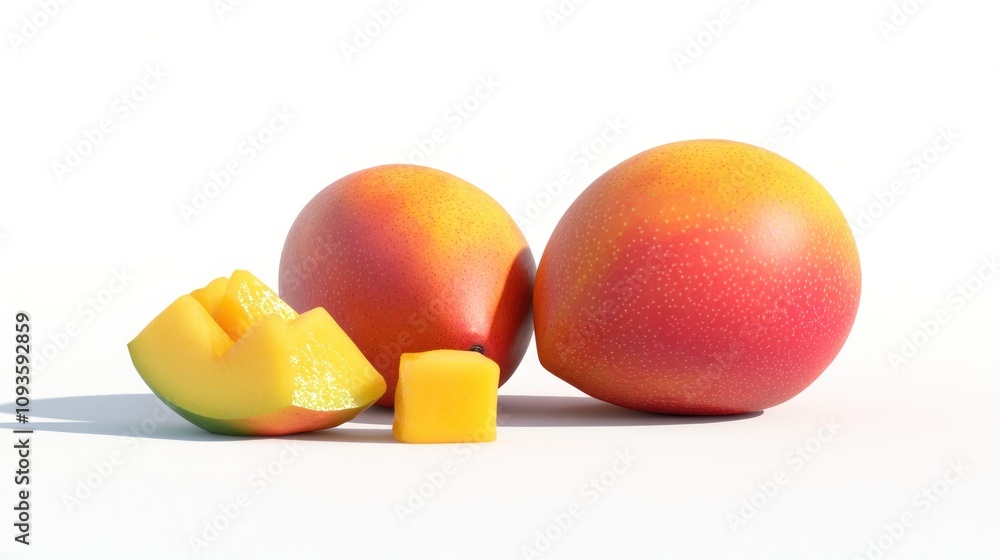 Two ripe mangoes with a sliced piece showcasing vibrant colors and textures. Two ripe mangoes with a sliced piece showcasing vibrant colors and textures.