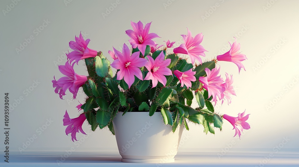 Naklejka premium Pink Cactus Blooms in White Pot