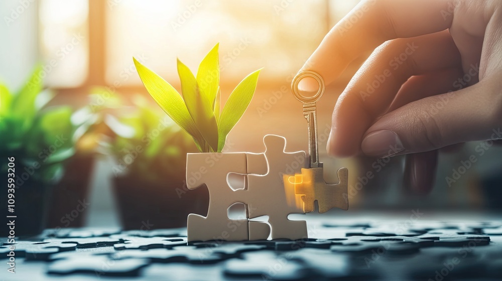 Hand placing key into puzzle with plant. Hand placing key into puzzle with plant.