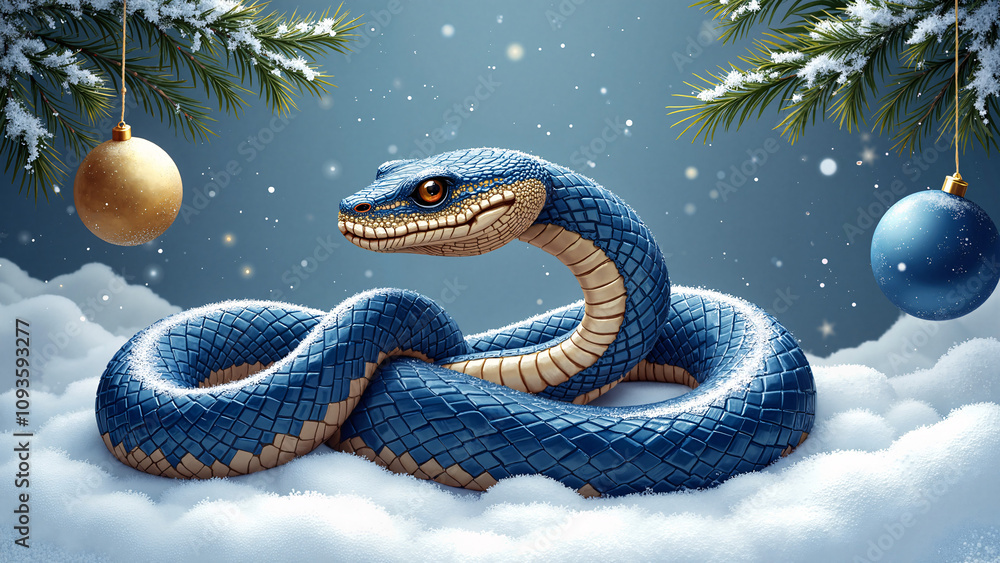 Fototapeta premium Snake a symbol of the year: Blue snake coiled on a snow-covered surface with festive golden ornaments hanging from pine branches, set against a snowy winter background, symbolizing the holiday season 