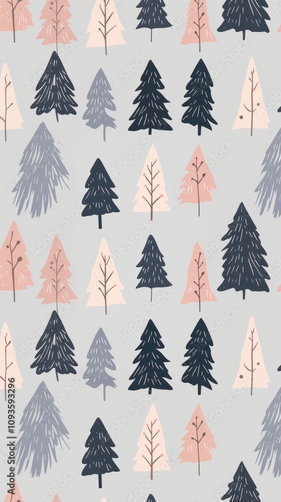 Obraz premium Christmas pattern with very small neat cute fir trees, about the same size, painted in pastel colors