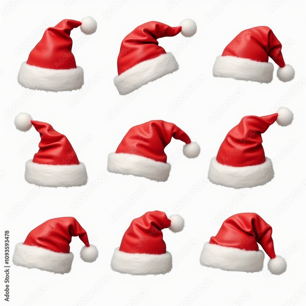 A collection of Santa Claus hats in various styles and angles, with bright red and white colors, isolated on a transparent background A collection of Santa Claus hats in various styles and angles, with bright red and white colors, isolated on a transparent background