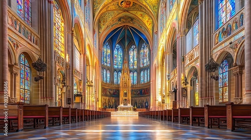 Majestic Gothic cathedral interior with vaulted ceiling and checkered floor. Empty medieval church with wooden pews and stained glass windows. Religious architecture and sacred space for worship