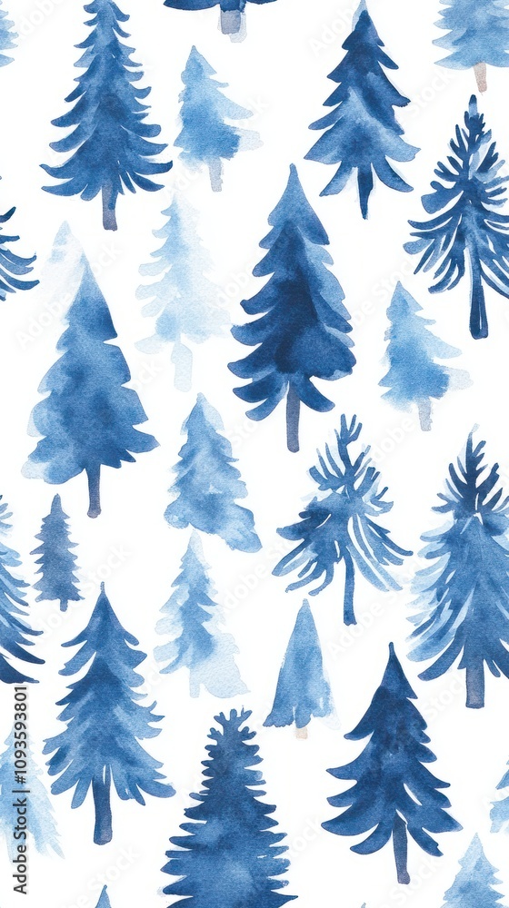 Obraz premium Christmas pattern with very small neat cute fir trees, about the same size, painted in blue colors