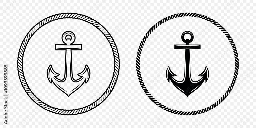 Anchor Icon Set. Flat Monochrome Anchor Shapes in Circular Rope Frame. Nautical Anchor Symbols, Marine Rope Border Design. Vector Illustration Anchor Icon Set. Flat Monochrome Anchor Shapes in Circular Rope Frame. Nautical Anchor Symbols, Marine Rope Border Design. Vector Illustration