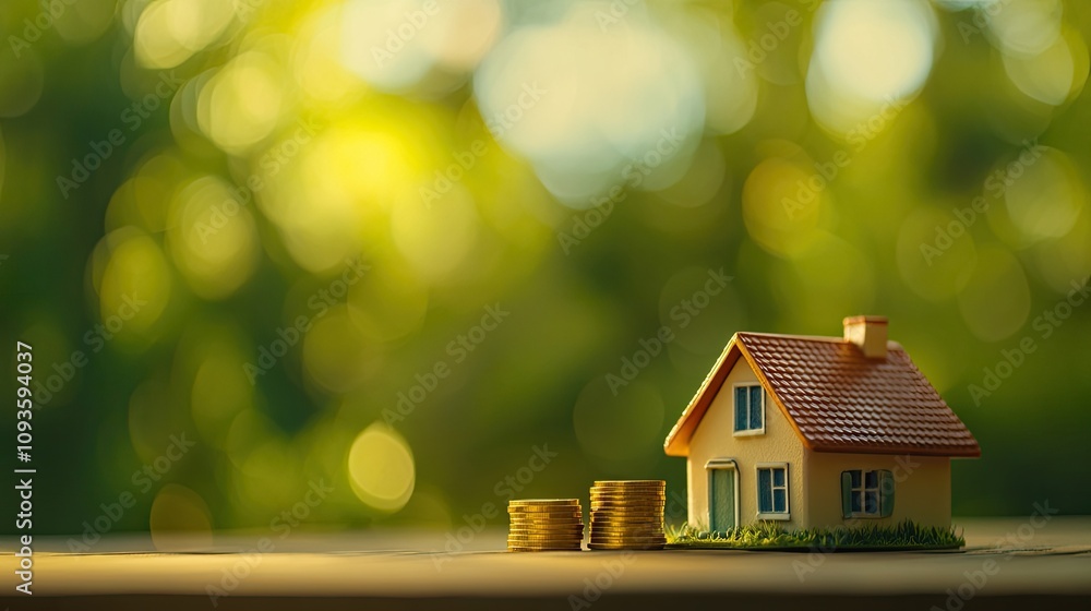 Miniature house and coins on wooden surface, sunny bokeh background. Miniature house and coins on wooden surface, sunny bokeh background.