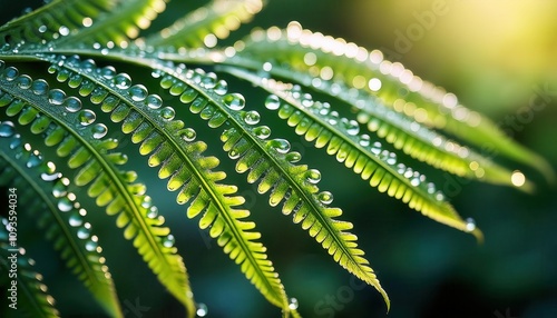 Morning Dew on a Vibrant Fern Leaf. Close-Up Depicting the Intricate Beauty, Resilience, and Vital Role of Forest Ecosystems, Highlighting Nature's Delicate Balance and the Serenity of Sunlit Dewdrop photo