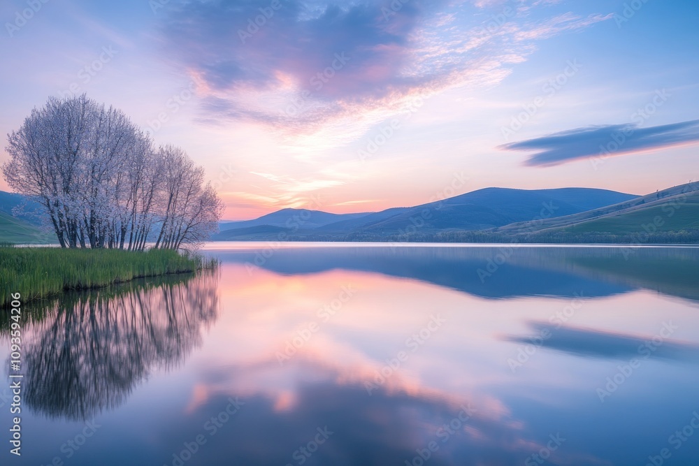Serene lake at sunrise with reflections and trees, showcasing nature's tranquility. Serene lake at sunrise with reflections and trees, showcasing nature's tranquility.