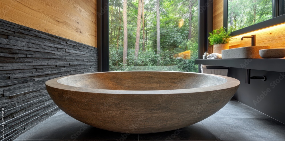 A modern, circular stone bathtub in a serene, nature-inspired bathroom setting. A modern, circular stone bathtub in a serene, nature-inspired bathroom setting.
