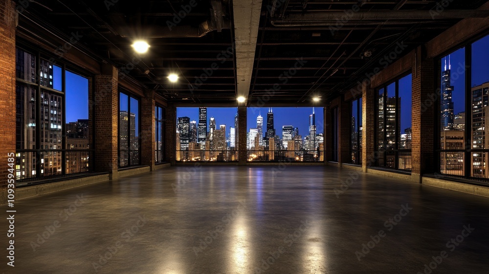 Expansive urban loft with panoramic city skyline view at dusk.