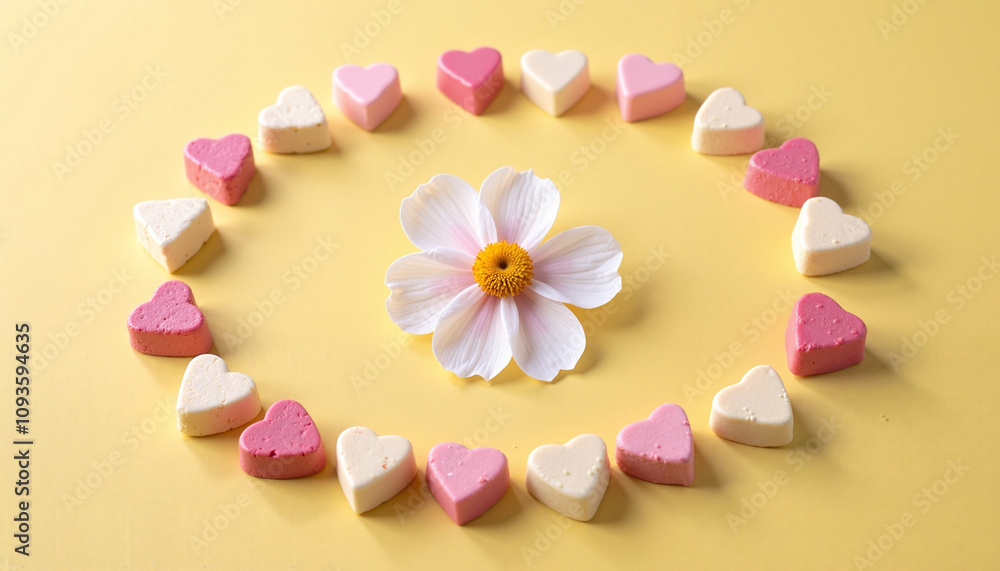Colorful heart-shaped candies arranged in a circle with a flower on a yellow background Colorful heart-shaped candies arranged in a circle with a flower on a yellow background