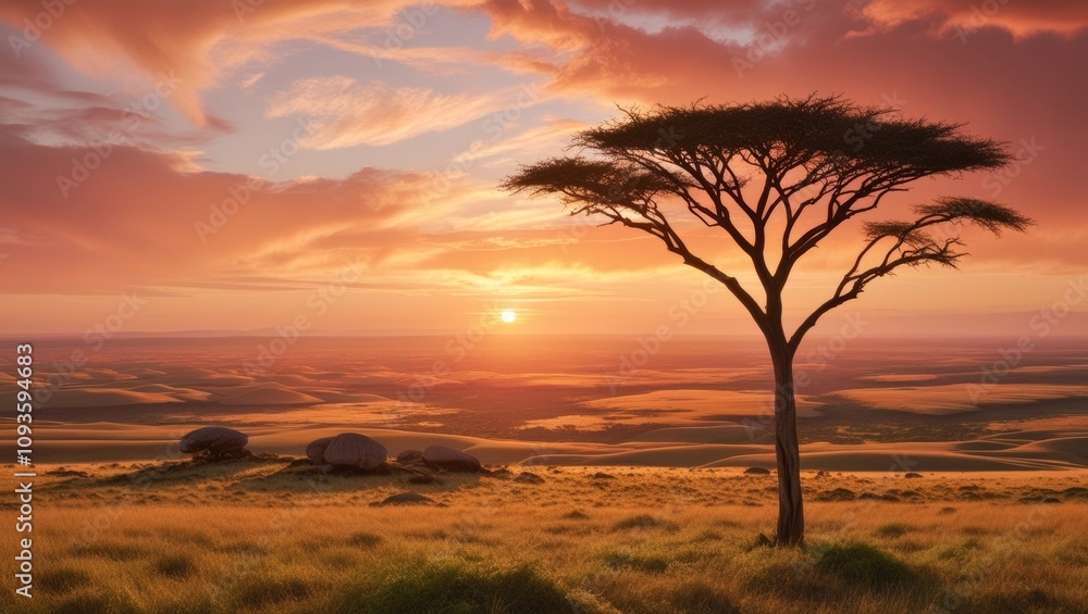 Vibrant sunrise over the vast plains of the Serengeti - tree, sunset, landscape, savannah, sky, horizon, nature, sunrise, field, plains, silhouette, colorful, grass, evening, dawn, scene, wildlife Vibrant sunrise over the vast plains of the Serengeti - tree, sunset, landscape, savannah, sky, horizon, nature, sunrise, field, plains, silhouette, colorful, grass, evening, dawn, scene, wildlife