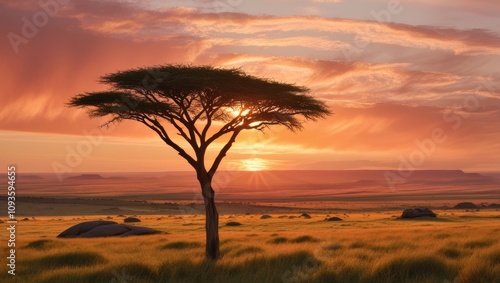 Vibrant sunrise over the vast plains of the Serengeti - tree, sunset, landscape, savannah, sky, horizon, nature, sunrise, field, plains, silhouette, colorful, grass, evening, dawn, scene, wildlife