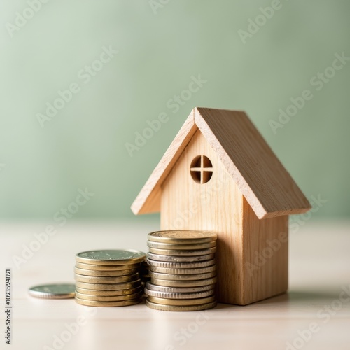 The concept of a house and property tax. Interest on property, debt repayment, property tax, mortgage. A stack of coins with a wooden house, a concept photo