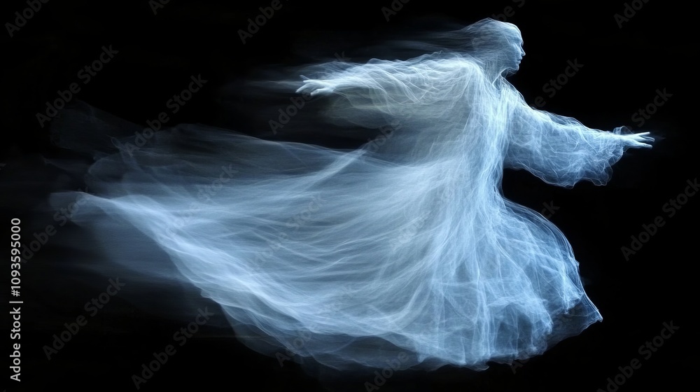 A ghostly figure in flowing white robes moves through darkness with an ethereal aura, representing mystery, transience, and the supernatural in artistic form. A ghostly figure in flowing white robes moves through darkness with an ethereal aura, representing mystery, transience, and the supernatural in artistic form.