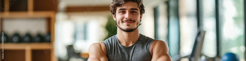 A young man smiles confidently in a gym setting, showcasing fitness and strength. A young man smiles confidently in a gym setting, showcasing fitness and strength.