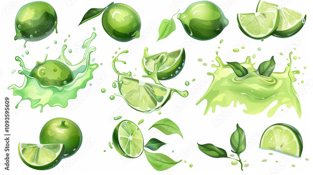 painting set of green limes splashing on white background painting set of green limes splashing on white background