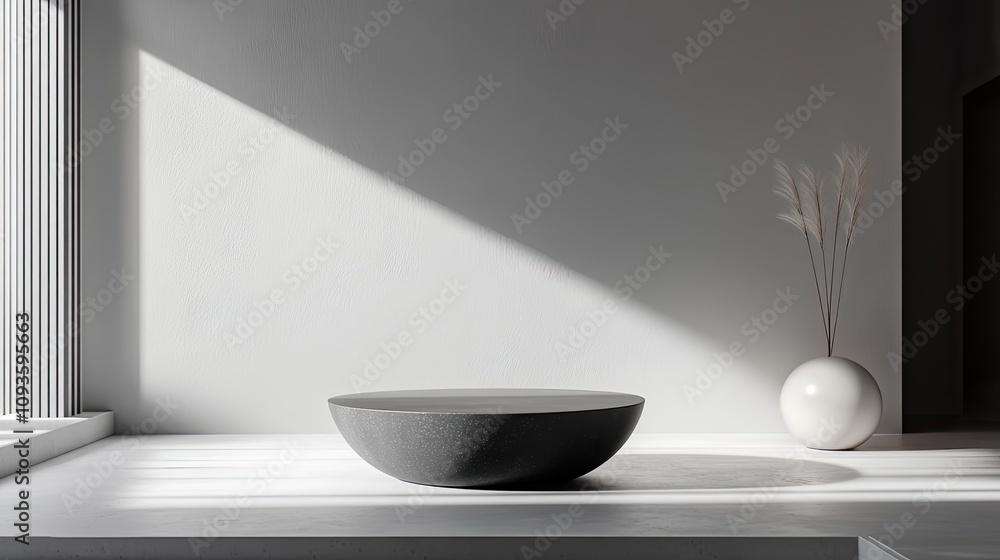 Minimalist grey bowl on white platform in sunlit room. Minimalist grey bowl on white platform in sunlit room.