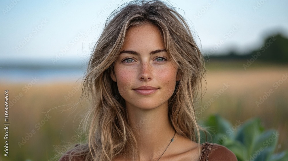 Portrait of a Young Woman with Natural Beauty and Long Hair Standing in a Lush Green Environment Near a Body of Water Under a Bright Clear Sky Portrait of a Young Woman with Natural Beauty and Long Hair Standing in a Lush Green Environment Near a Body of Water Under a Bright Clear Sky