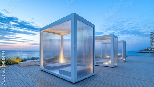 Modern outdoor cabanas by the sea at dusk, ideal for relaxation and leisure.