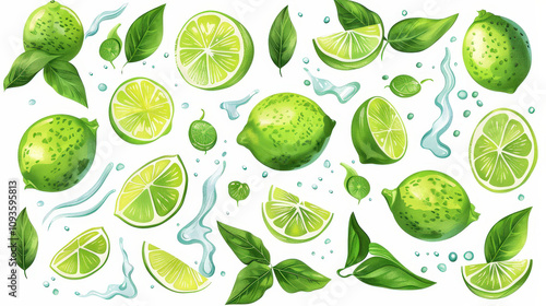 painting set of green limes splashing on white background