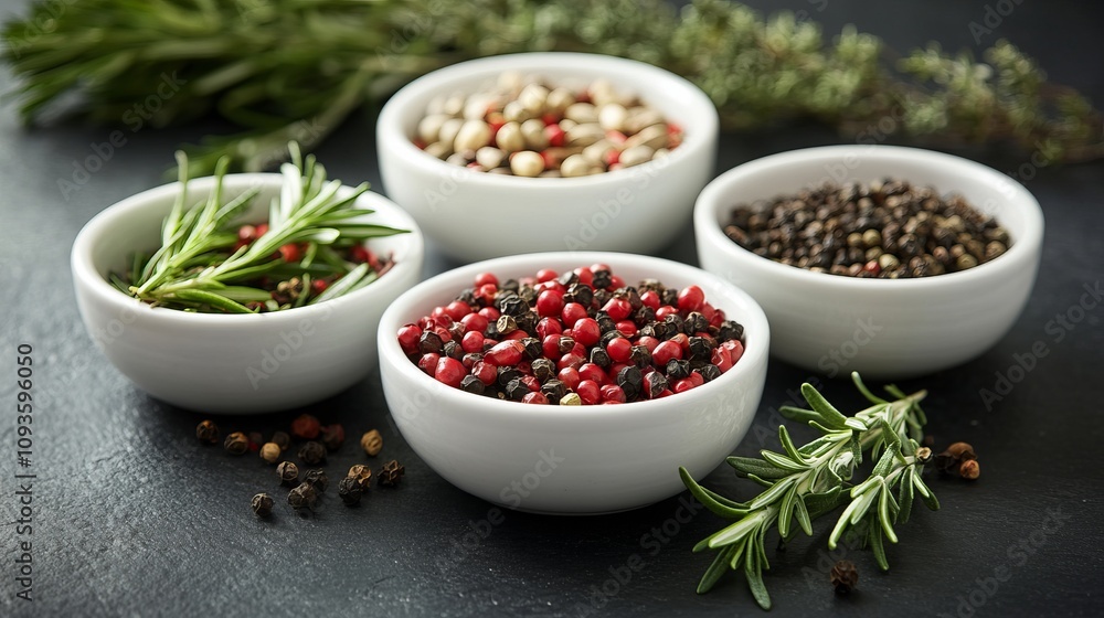 A selection of four bowls filled with various colorful spices, accompanied by rosemary and herbs, showcasing a diverse and aromatic culinary scene. A selection of four bowls filled with various colorful spices, accompanied by rosemary and herbs, showcasing a diverse and aromatic culinary scene.