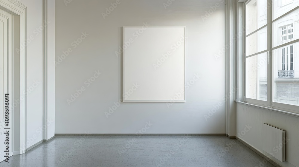 Fototapeta premium Empty gallery room with blank canvas and large window.