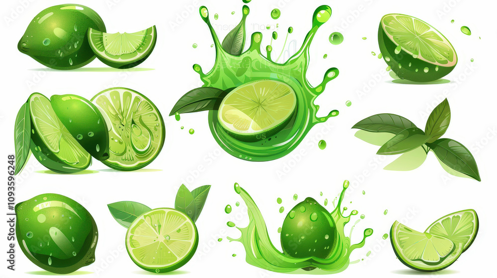 painting set of green limes splashing on white background painting set of green limes splashing on white background