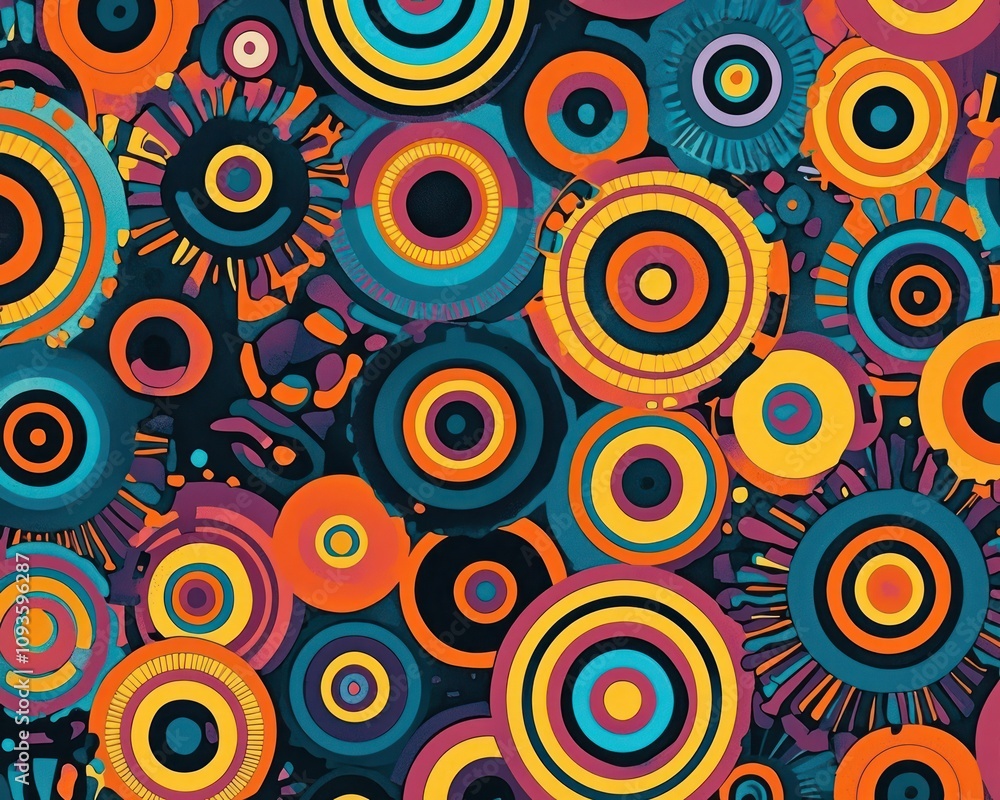 An abstract circular pattern wallpaper in bright colors, adding depth and energy to modern spaces An abstract circular pattern wallpaper in bright colors, adding depth and energy to modern spaces