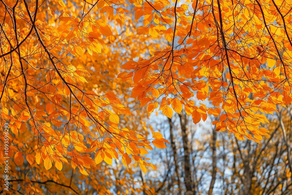 Golden and orange autumn leaves create a stunning visual. Golden and orange autumn leaves create a stunning visual.
