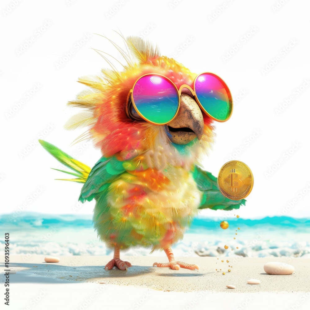 Fototapeta premium A cheerful colorful parrot enjoys the sunny beach while playfully dropping shiny coins