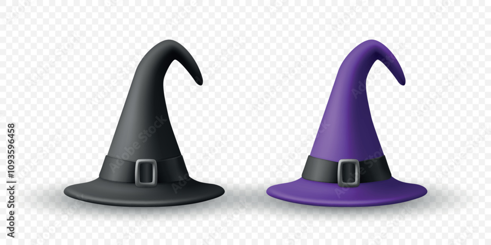Vector 3d Realistic Witch Hats Illustration. Purple and Black Witch Hat for Halloween. Spooky Decor, Design Element, Icons. Halloween Vector Art for Seasonal Graphics Vector 3d Realistic Witch Hats Illustration. Purple and Black Witch Hat for Halloween. Spooky Decor, Design Element, Icons. Halloween Vector Art for Seasonal Graphics