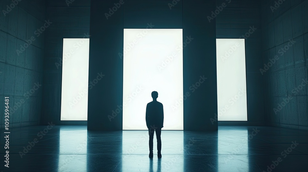 Obraz premium A lone figure stands before illuminated doorways in a vast hall