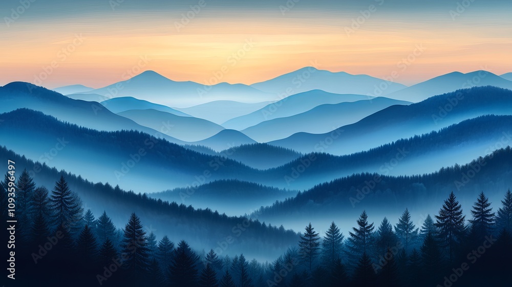 Beautiful layers of blue mountain silhouettes stretch into the distance beneath a striking sunrise view, with trees dotting the foreground of this tranquil landscape scene. Beautiful layers of blue mountain silhouettes stretch into the distance beneath a striking sunrise view, with trees dotting the foreground of this tranquil landscape scene.