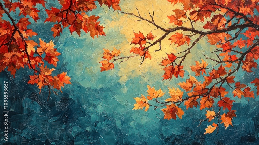Abstract painting of red maple leaves against a teal blue sky. Abstract painting of red maple leaves against a teal blue sky.
