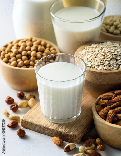 Alternative milk concept. Assortment of organic vegan non dairy milk from nuts, oatmeal, rice, soy.