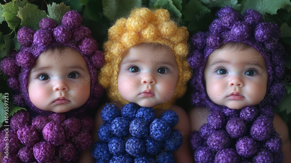 Three babies dressed as colorful grapes, surrounded by leaves, creating a whimsical scene. Three babies dressed as colorful grapes, surrounded by leaves, creating a whimsical scene.