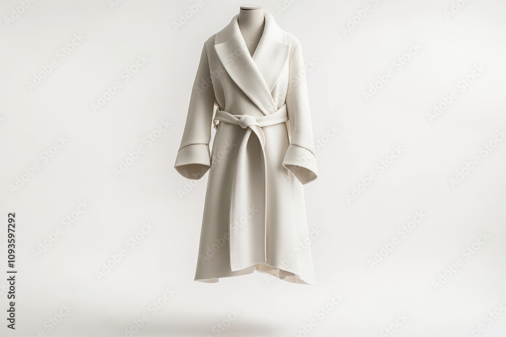 Elegant white women’s wrap coat with a belt, suspended on a neutral white background, ideal for fashion branding, boutique catalogs, and online retail promotions. Elegant white women’s wrap coat with a belt, suspended on a neutral white background, ideal for fashion branding, boutique catalogs, and online retail promotions.
