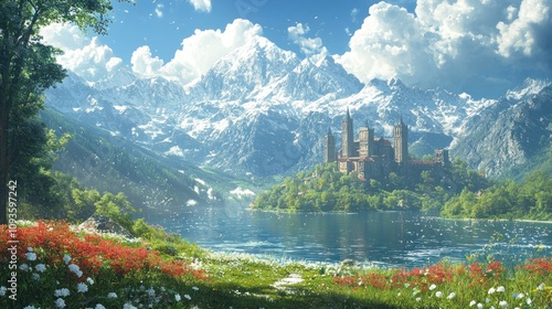 A picturesque scene of a castle by a lake in a mountainous landscape. The sky is blue with white clouds, and the mountains are covered in snow. photo