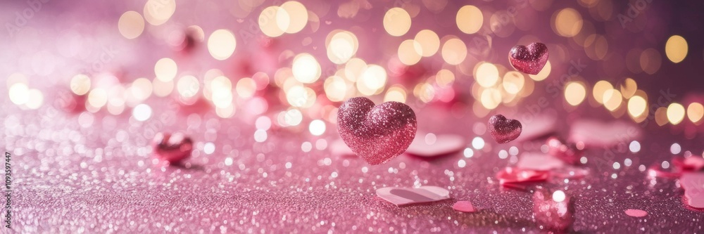 Floating hearts of different sizes on a pink shiny background with soft lighting effects and a beautiful bokeh effect, the banner is perfect for celebrating or expressing love. Floating hearts of different sizes on a pink shiny background with soft lighting effects and a beautiful bokeh effect, the banner is perfect for celebrating or expressing love.