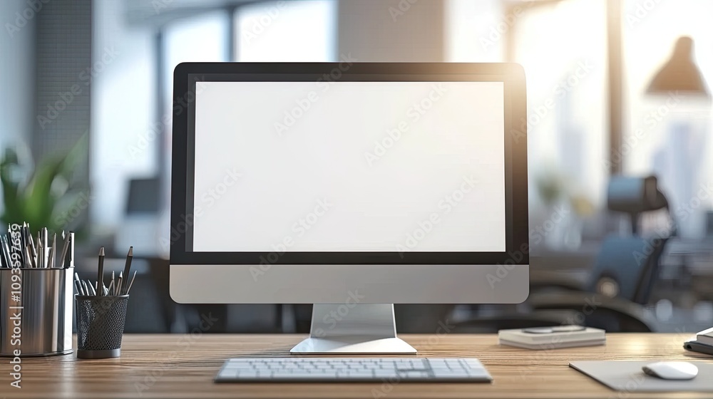 Modern desktop computer with blank screen on wooden desk in office. Modern desktop computer with blank screen on wooden desk in office.