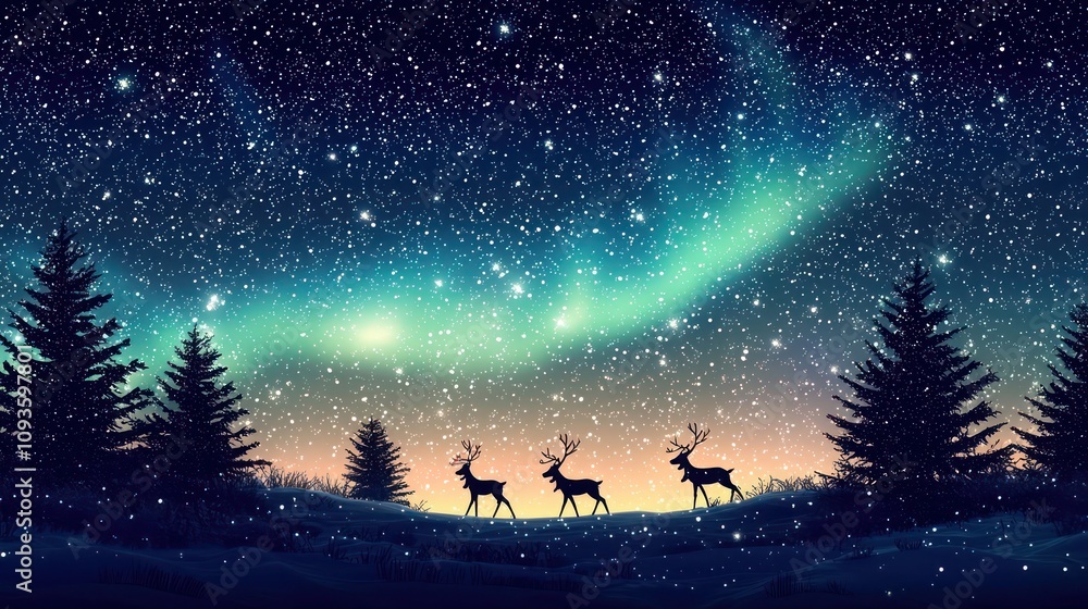 Naklejka premium Serene winter scene with the Northern Lights dancing above silhouetted Christmas trees and reindeer, under a canopy of twinkling stars.