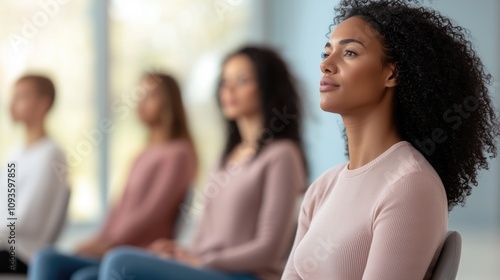 A confident woman with curly hair sits attentively in a group meeting setting, conveying focus and determination