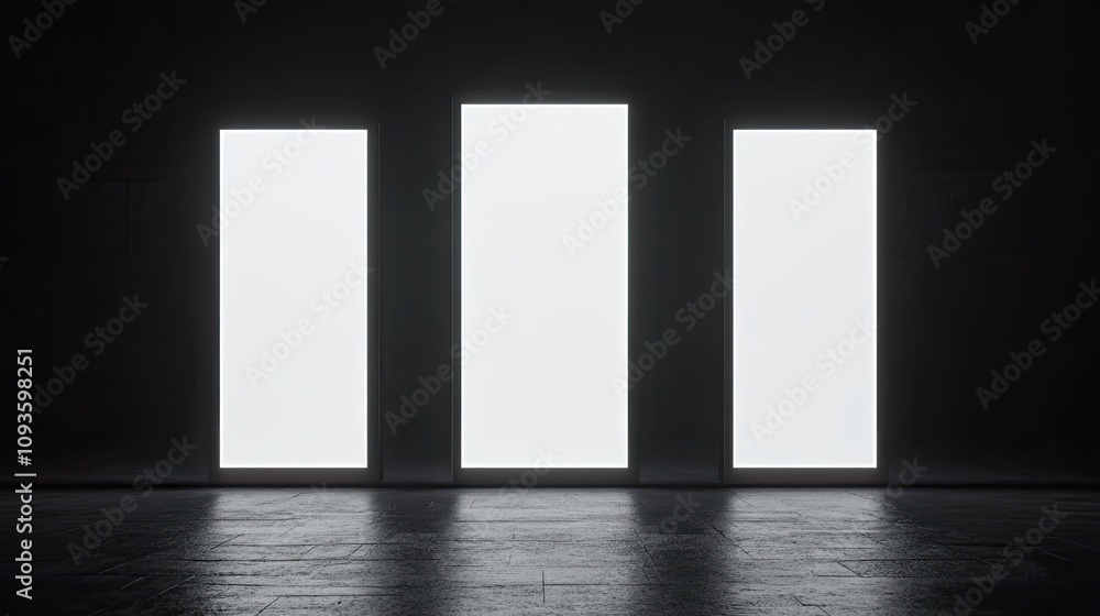 Three Illuminated White Panels In A Dark Room Three Illuminated White Panels In A Dark Room