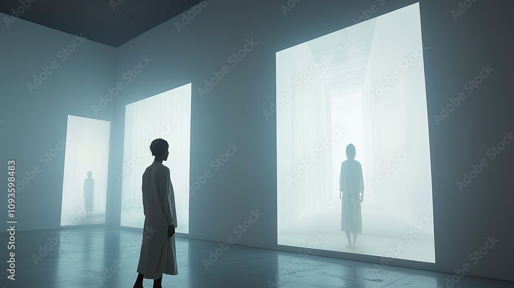 Fototapeta premium Woman Observing Projected Figures In Minimalist Gallery Space