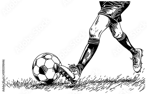 Soccer player running after a soccer ball on a soccer field, illustration in black, isolated. 