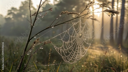 Dew Kissed Spiderweb Glistens in Soft Morning Light Among Tall Grasses. Generative AI photo