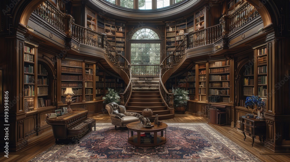 Elegant library interior showcases grand architecture and cozy reading spaces in a serene setting. Generative AI Elegant library interior showcases grand architecture and cozy reading spaces in a serene setting. Generative AI